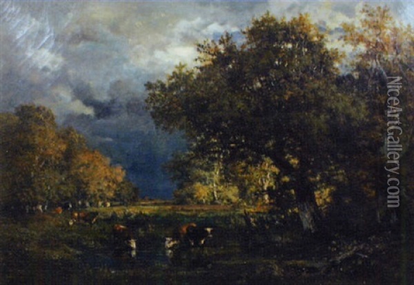 Vaches A La Mare Dans La Foret De Fontainebleau Oil Painting - Francois Auguste Ortmans