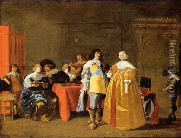 Elegant Figures Drinking, Making Music And Playing Backgammon In An Interior Oil Painting - Anthonie Palamedesz