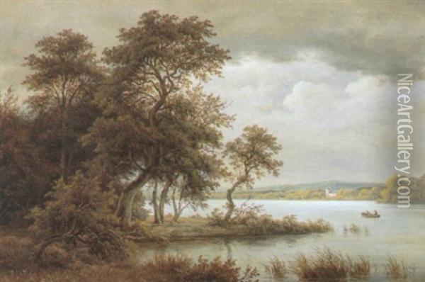 Flodlandskab Med Jolle, I Baggrunden Huse Oil Painting - Frederik Christian Jacobsen Kiaerskou