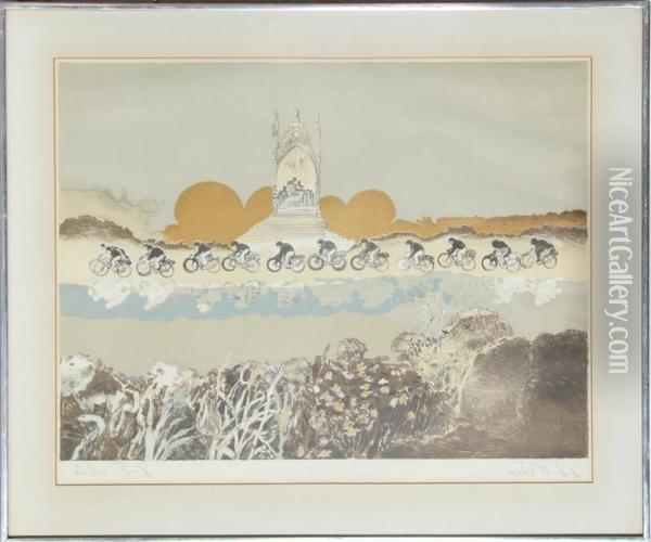 Untitled (bicycle Race And Shrine) Oil Painting - Robert T. Mumford