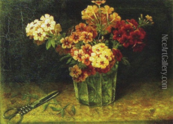 Still Life Of Cut Flowers In Glass On Table Oil Painting - J. Heyl Raser