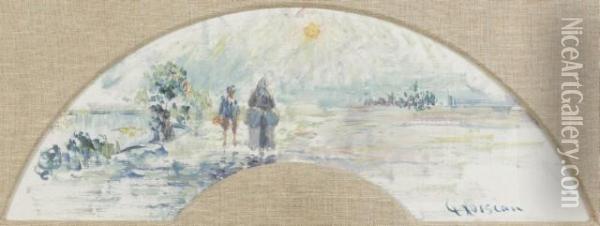 Femme Et Enfant En Bord De Riviere Oil Painting - Gustave Loiseau