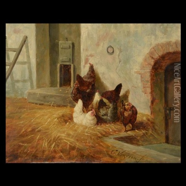 Chickens In The Yard Oil Painting - Elchanon Verveer