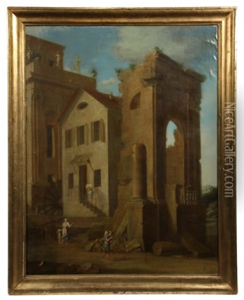Italian Capriccio Of A Mill Constructed Among Classical Ruins Oil Painting - Leonardo Coccorante