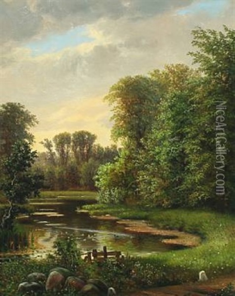 Scenery From A Forest Lake With Swimming Ducks And Ducklings Oil Painting - N. A. Luetzen
