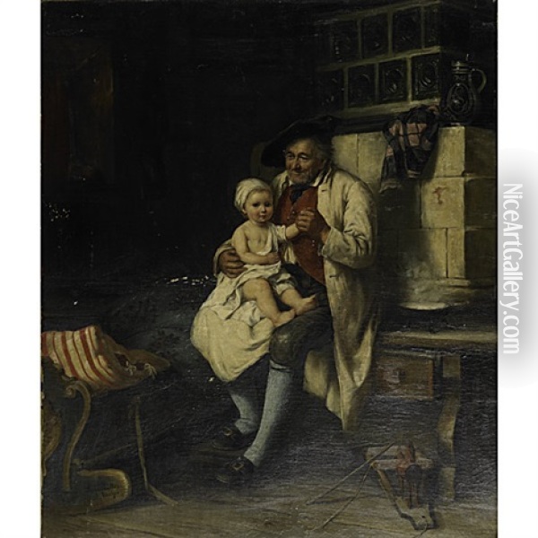 Genre Scene With Child And Grandfather In Period Interior Oil Painting - August Mueller