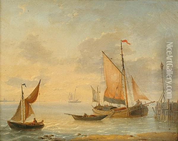 Fishing Vessels Off A Coast Oil Painting - Louis Verboeckhoven