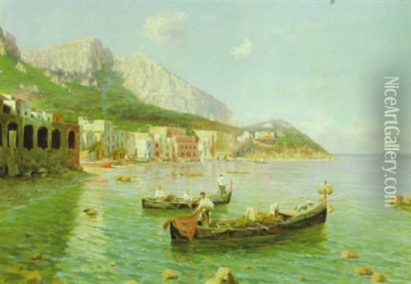Fischer In Ihren Booten Am Strande Von Capri Oil Painting - Attilio Pratella