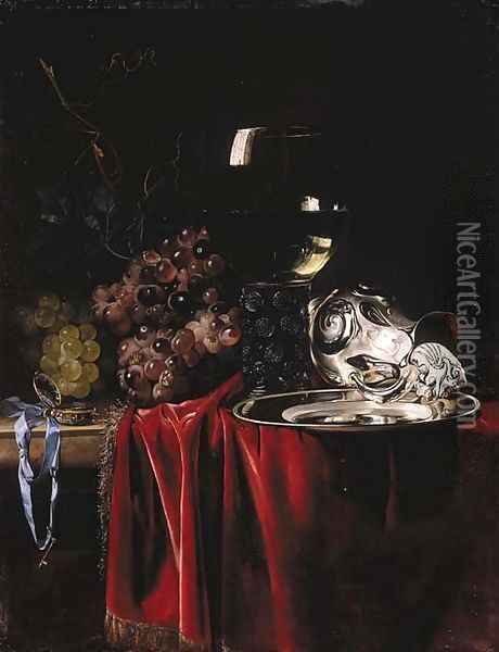 Grapes, a pocketwatch, a roemer, a silver ewer and a plate Oil Painting - Willem Van Aelst
