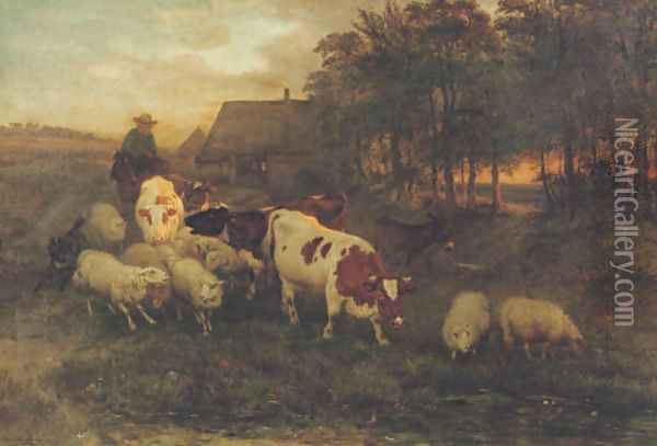 A herdsman and cattle in a Brabantine landscape Oil Painting - Henriette Ronner-Knip