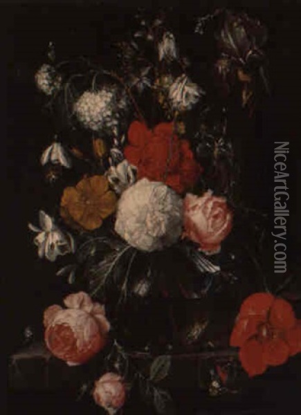 Bouquet De Fleurs Dans Un Vase En Verre Oil Painting - Cornelis De Heem