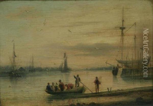 Figures In Harbour With Snow Falling Signed And Dated 1808 7 X 10in Oil Painting - Augustus Earle