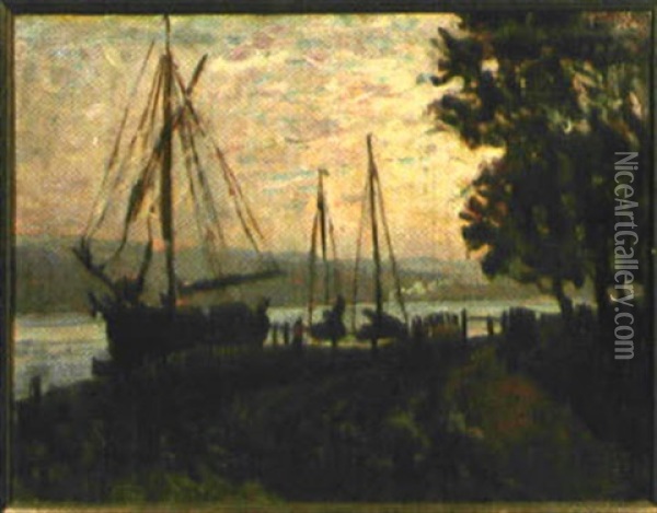 Uferlandschaft Mit Segelbooten Oil Painting - Alfred Scherres
