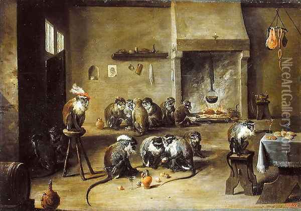 Monkeys in a Kitchen, c.1645 Oil Painting - David The Younger Teniers