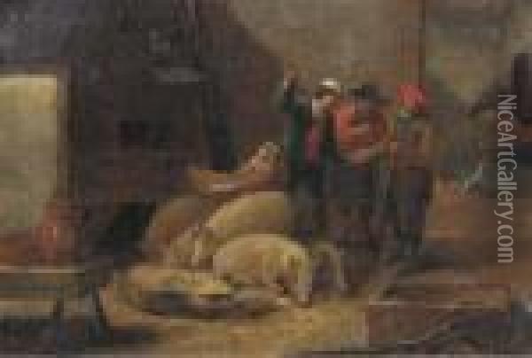 Peasants And Swine In An Interior Oil Painting - Matheus van Helmont