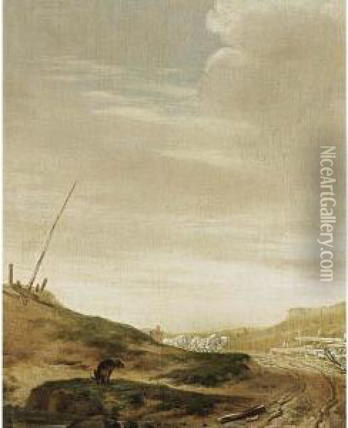 A Dune Landscape With A Horsedrawn Waggon On A Path, And A Dog In The Foreground Oil Painting - Pieter Cornelisz. Verbeeck