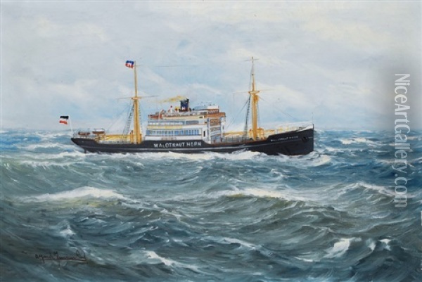 Portrait Of The Cargo Steamer Waltraud Horn Oil Painting - Alfred Serenius Jensen