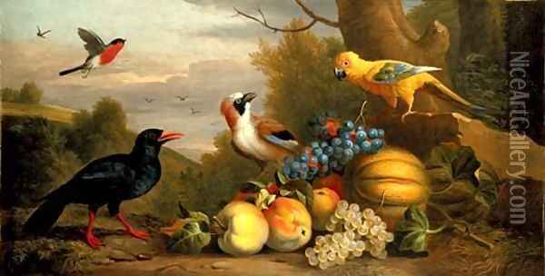 A Bullfinch, a Chough, a Jay and a Sun Conure with quinces, grapes and melons in a landscape Oil Painting - Jakob Bogdani Eperjes C