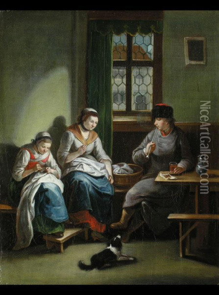 Interieur Mit Zwei Stopfenden Frauen Und Eines Pfeife Rauchenden Mannes Oil Painting - Johann Andreas Herrlein