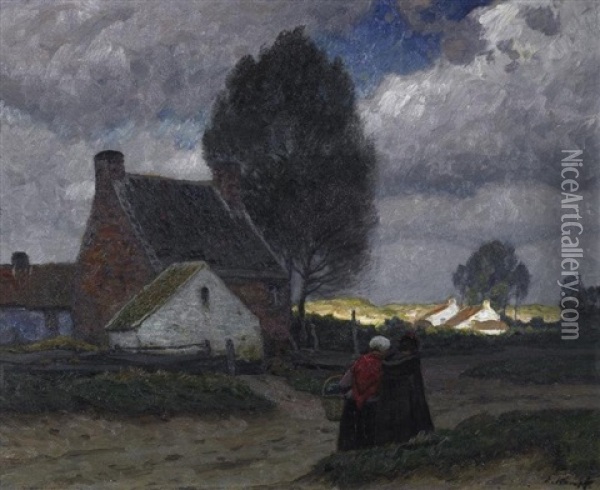 Zwei Frauen Auf Der Dorfstrase In Einem Flandrischen Dorfchen. Gewitterstimmung Oil Painting - Eugen Kampf