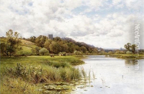 Cattle Grazing In A River Landscape With A Church Beyond Oil Painting - Alfred Glendening