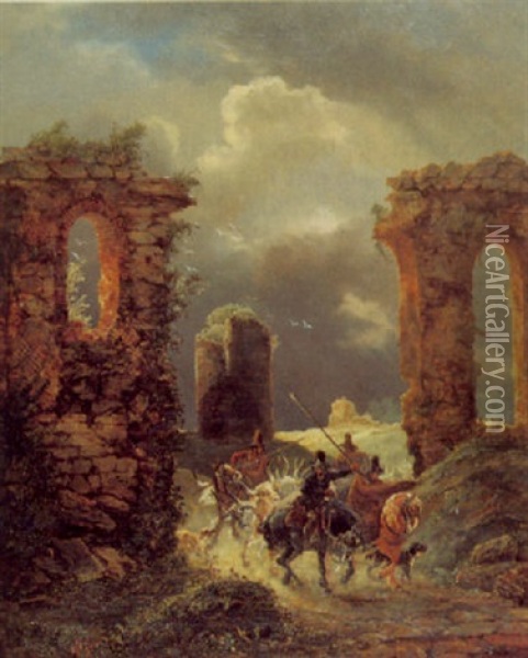 Ruinenlandschaft Mit Reitenden Hirten Und Kuhen Oil Painting - Johann Caspar Schinz