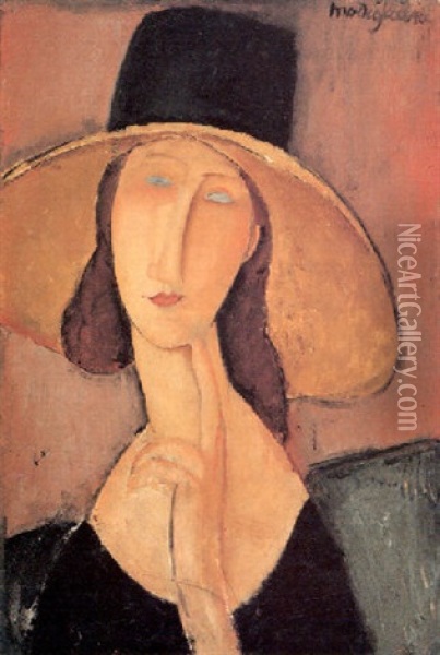 Jeanne Hebuterne Con Grande Cappello Oil Painting - Amedeo Modigliani