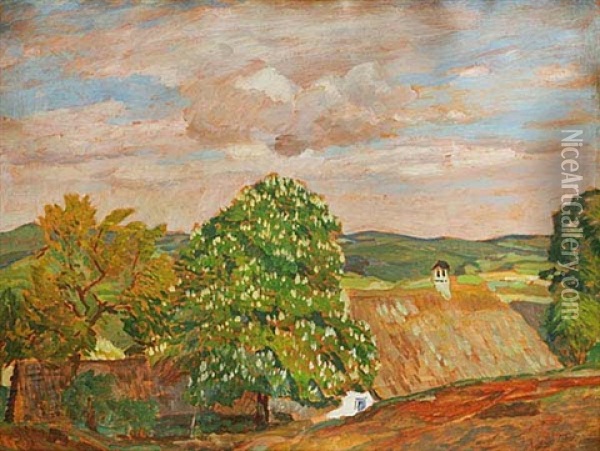 A Landscape With A Chestnut Tree In Blossom Oil Painting - Antonin Hudecek