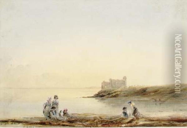 Fisherfolk Mending Nets, A Castle Beyond Oil Painting - Thales Fielding
