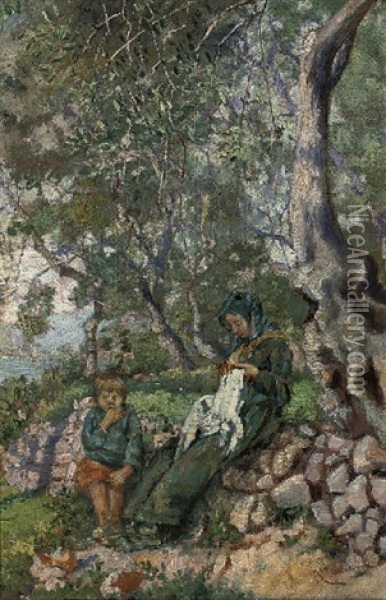 A Mother And Son By An Olive Grove Before The Sea Oil Painting - Niccolo Cannicci