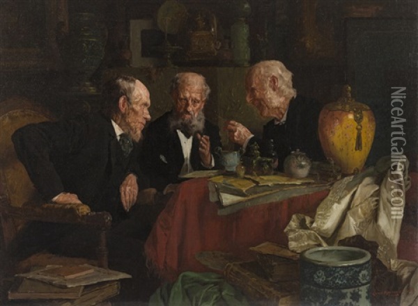 Three Men In An Interior Oil Painting - Louis Charles Moeller