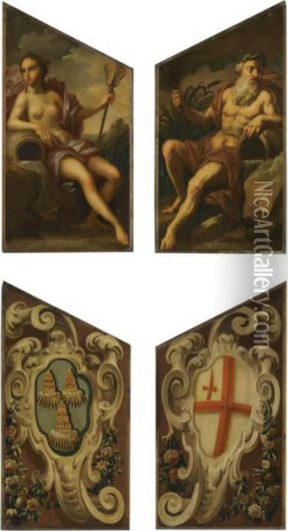 Door Panels Depicting Neptune 
And Amphitrite, With The Arms Of Theworshipful Company Of Drapers And 
The City Of London Painted On Thereverse Oil Painting - Sir James Thornhill