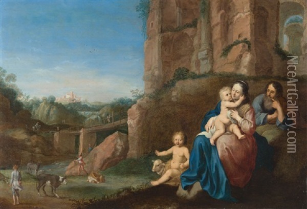 Ruhe Auf Der Flucht Nach Agypten Oil Painting - Cornelis Van Poelenburgh