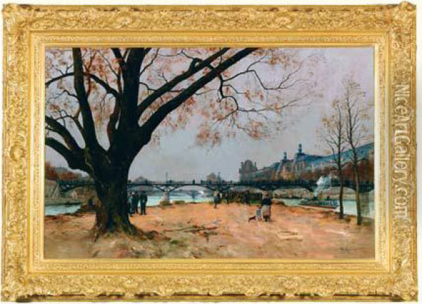 Le Louvre Et Le Pont Des Arts Vus Du Square Duvert Galand Oil Painting - Eugene Galien-Laloue