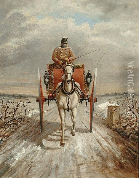 A Horse And Carriage In A Winter Landscape Oil Painting - Benjamin Herring