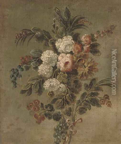 A swag of roses, chrysanthemums, redcurrants, blackcurrents and other flowers Oil Painting - Cornelis van Spaendonck
