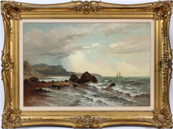 Rocky Coastline With Sailboats In The Distance Oil Painting - Frank C. Bromley