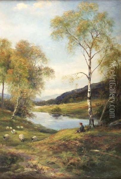River Landscape With Silver Birch Oil Painting - John MacWhirter