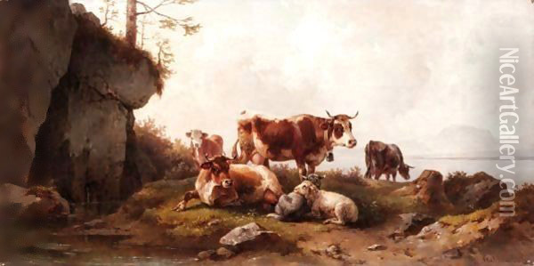 Cattle Grazing Oil Painting - Edmund Mahlknecht