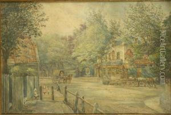 Outside The Bull And Bush Inn Oil Painting - Alfred Woolnoth