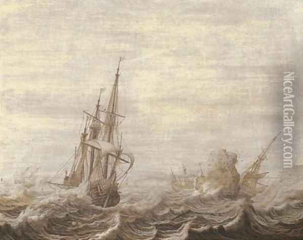 A penschilderij three-masters off a rocky coast in choppy waters Oil Painting - Heerman Witmont