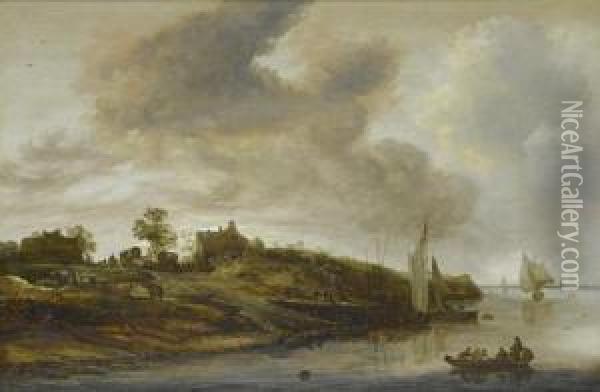 A River Landscape With A Ferry Approaching The Banks Oil Painting - Cornelis Symonsz. Van Der Schalcke