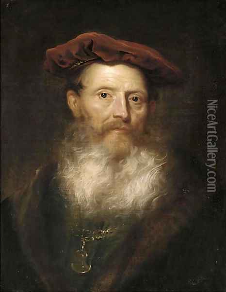 Portrait of a bearded man, bust-length, in a fur-trimmed black coat and a velvet cap Oil Painting - Govaert Flinck