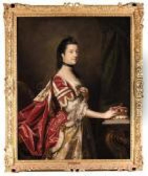 Portrait Of Elizabeth, Duchess 
Of Northumberland,three-quarter-length, In Coronation Robes, Her Right 
Hand Restingon Her Coronet, By A Draped Curtain Oil Painting - Sir Joshua Reynolds