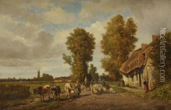 Vaches Et Brebis Devant La Chaumiere Oil Painting - Emile Rene Menard