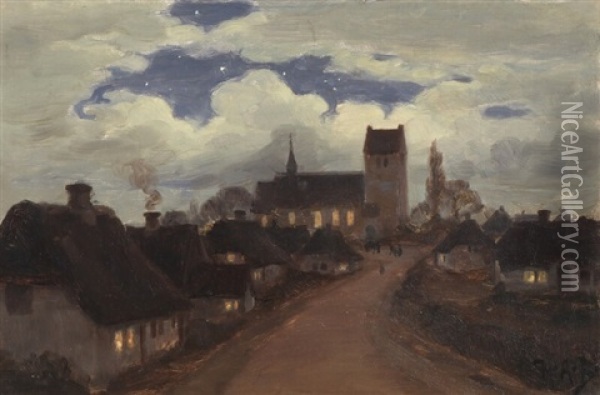 Village Church In Moonlight Oil Painting - Hans Andersen Brendekilde
