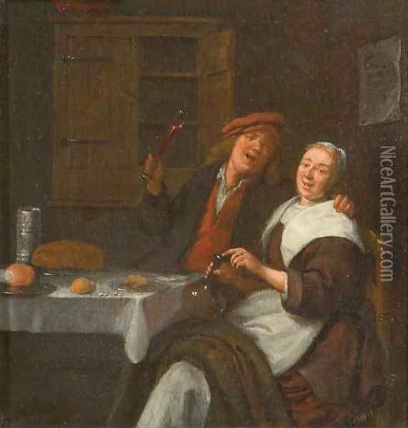 A couple drinking in an interior Oil Painting - Jan Miense Molenaer