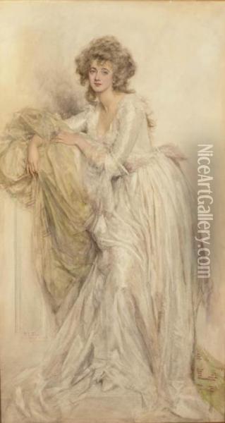 A Portrait Of A Lady, Full-length Resting On A Pilaster Oil Painting - Mary L. Gow