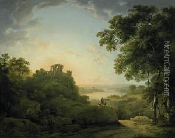 Wide Riverscape With Shepherds Underneath A Castle Ruin Oil Painting - Abraham Pether