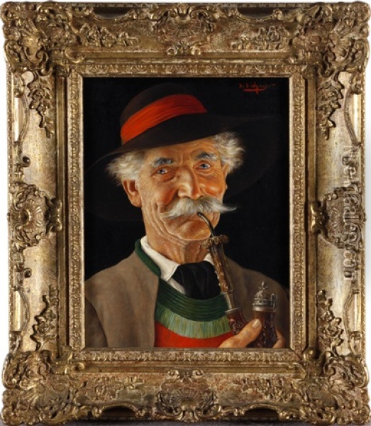 Portrait Of A Man With A Pipe (+ Portrait Of A Man With Playing Cards; Pair) Oil Painting - Erwin Eichinger